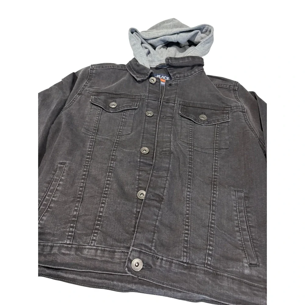 The Childrens Place Kids Black Denim‎ Hooded Trucker Jacket Size L 10/12
